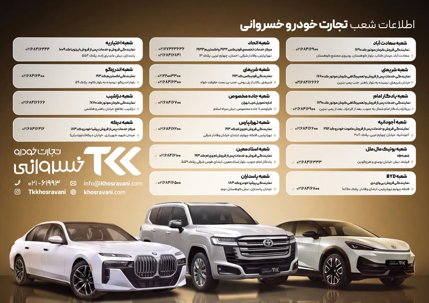 صفحهی اول بروشور تجارت خودرو خسروانی — نشانی و شمارهی تماس شعب
