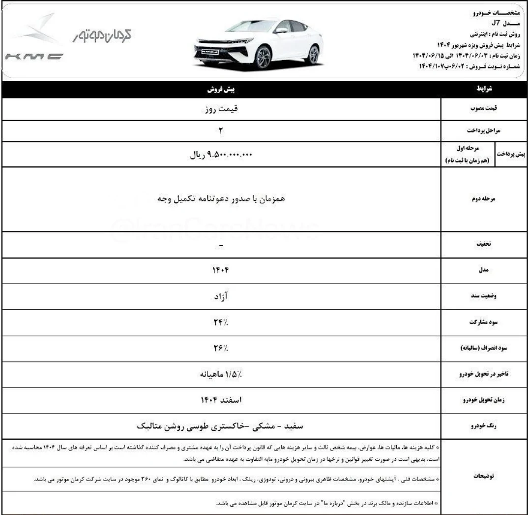 شرایط پیش فروش کی ام سی جی ۷ شهریور ۱۴۰۴